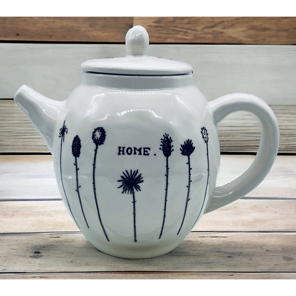 Early Rae Dunn HOME Teapot Magenta M Typewriter Font Wildflowers White Black‎